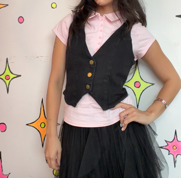 Y2K Black Denim Tailored Vest Indie Sleaze Mall Goth Academia Cropped M