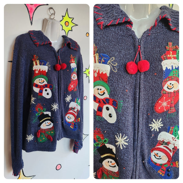 Vintage 90s | Snowman Tacky Ugly Embellished Cardigan Christmas Sweater | Large