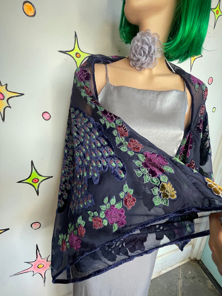 Burnout Velvet Peacock Beaded Shawl Cape Witchy Flapper Whimsy Goth Glam