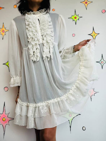 Vintage 90s Y2K Sheer White Ruffle Neck Pirate Victorian Dress Romantic Boho | M