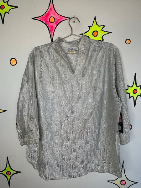 60s 70s Metallic Silver Top Retro Disco Space Age Party Blouse XL