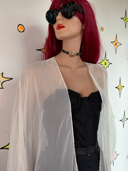 White Sheer Lace Puff Sleeve Lace Dolman Cape Robe Romantic Lolita Soft Grunge M