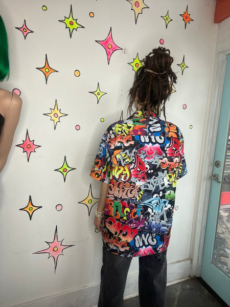Vintage Graffiti Shirt Retro Y2K Pop Art Rainbow Top 90s Abstract Disco XL