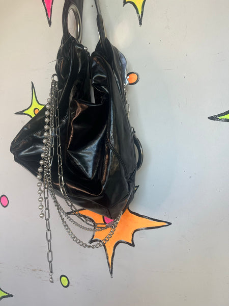 Black Patent Leather Bag Y2K Trashy Chic McBling Moto Glam Chain Handcuff Purse