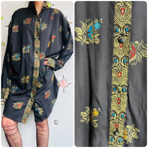 Vintage 80s | Black Boho Shirt Dress or Kimono Robe Jacket | Size L
