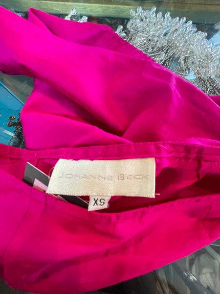 Johanne Beck Silk Luxe Hot Pink Skirt w Iridescent Beaded Fringe Flapper Glam S