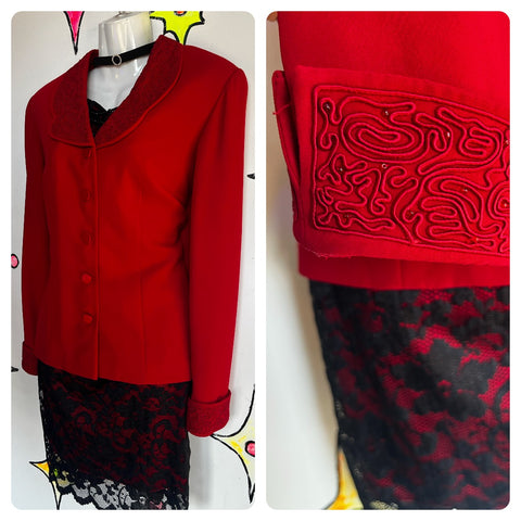 Vintage 90s | Red Embellished Goth Grunge Punk Pirate Jacket Blazer | Size 10