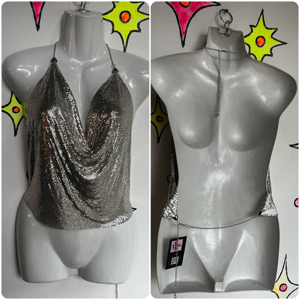 Y2K 2000s | Silver Metallic Disco Mesh Chainmail Backless Halter Top | One Size