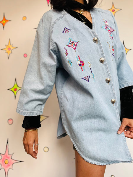 Vintage 80s 90s Light Wash Denim Western Embellished Top ' Boho Grunge Size M