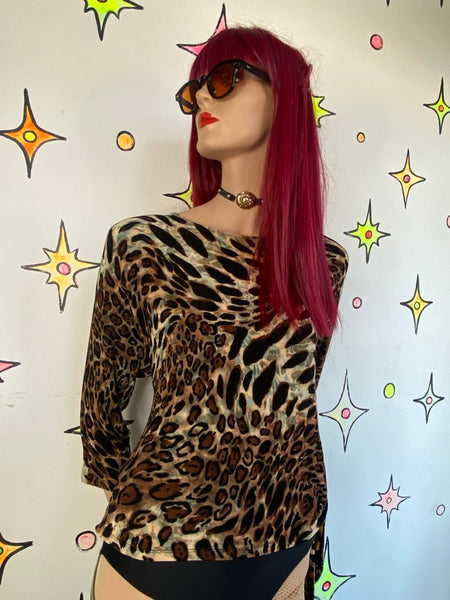 90s Leopard Slinky Stretch Side Tie Top Mirasol Casual Glam Indie Sleaze L/XL