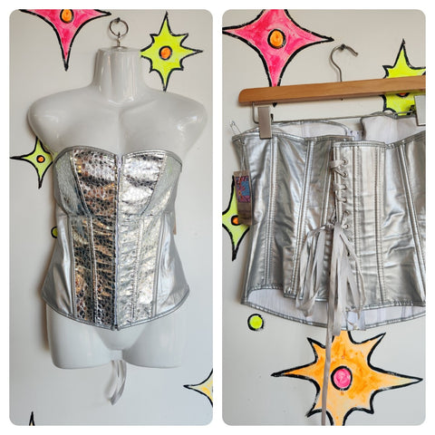 Vintage 90s | Metallic Silver Lace Up Bustier Pin up Lingerie Corset | XL