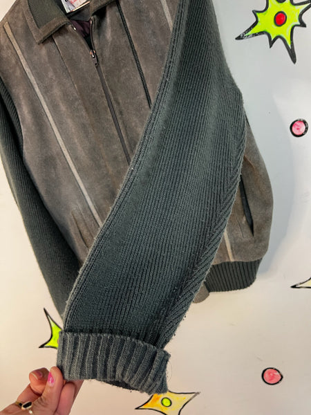 Vintage 90s Gray Suede Leather Bomber Sweater Moto Jacket - Retro Grunge - L