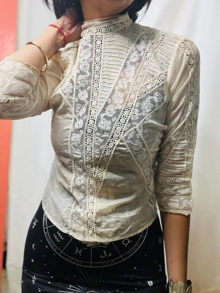 Antique 1900s Off White Sheer Lace Romantic Babydoll Steampunk Top Blouse XS