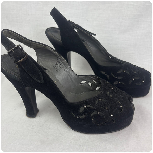 1940s Black Peep Toe Sling Back Suede Platform Pumps - Cha Cha Heels - 6 -6.5