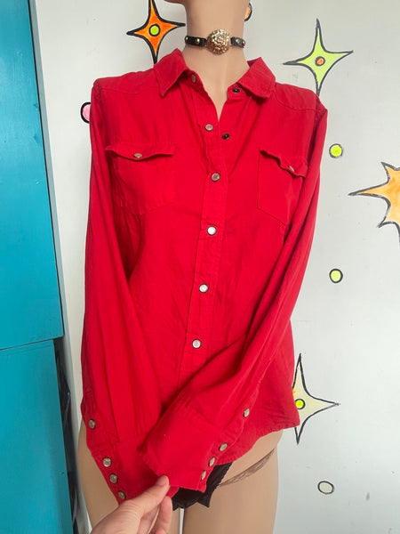Red Pearl Snap Western Shirt Cowgirl Rodeo Button Up Boho Grunge Cotton Top - L