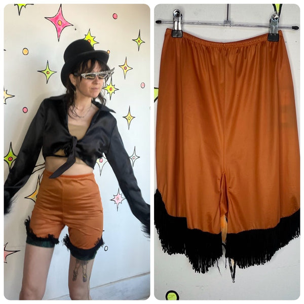 Vintage Orange Tap Shorts with Fringe | Pin Up Showgirl Bloomers Lingerie - S