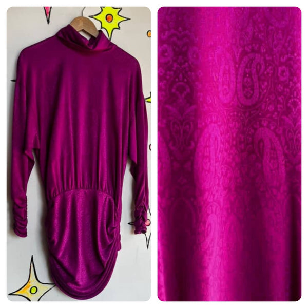 Vintage 1980s Glam Emanuel Ungaro Silk Fuchsia Paisley Ruched Dress Set - Small