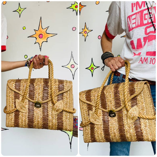 Vintage 70s | Rattan Basket Purse Woven Wicker Tote Boho Hand Bag