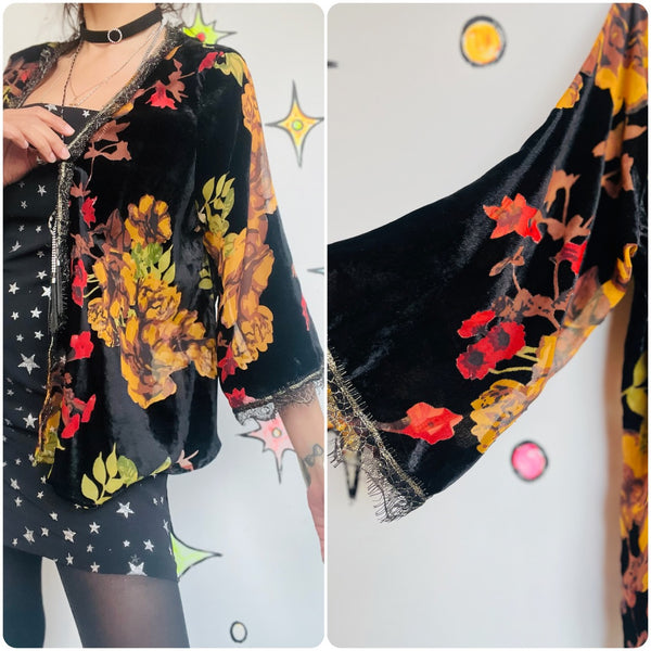 Black Velvet Kimono Floral Burnout Shimmer | Sheer Witchy Whimsy Goth Fairy | L