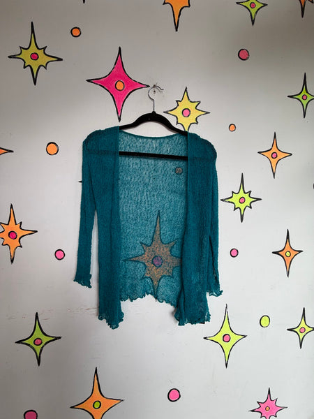 Y2K Teal Crochet Fairy Cardigan | Ethereal Whimsy Grunge Cyber Boho S