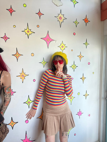 Rainbow Ribbed Turtleneck Clowncore Retro Mod 60s Y2K Colorful Stretch Top XS