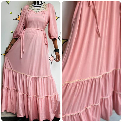Vintage 60s-70s Pink Boho Maxi Dress Edwardian Revival Cottagecore Princess S M