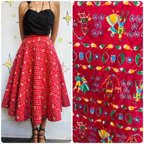 Absolutely Adorable 1950s Red Quilted Circle Skirt - Rockabilly Swing - Small