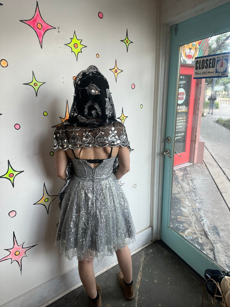90s Blondie Nites Strapless Silver Glitter Cupcake Prom Dress Y2K Fit & Flare XS