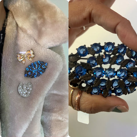 Vintage 50s Blue Fairycore Brooch – Chunky Rhinestone Leaf Pin