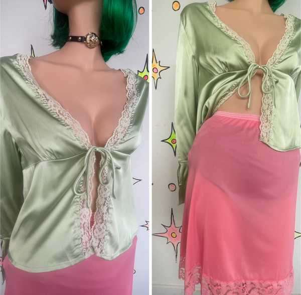 Green Satin Lace Layering Top Fairy Grunge Babydoll Lingerie Style S/M