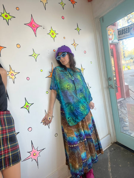 Y2K Teal Mesh Paisley Festival Poncho - Fairycore Whimsy Grunge - Free Size