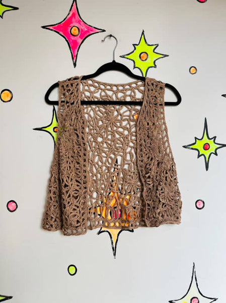Vintage 90s Tan Pink Crochet Boho Fairy Grunge Vest - Festival Layer - Size M/L