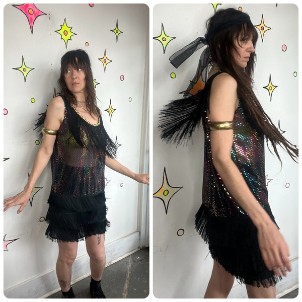 Rainbow Fringe Flapper Dress Metallic 60s GoGo Dancer Party Costume M/L