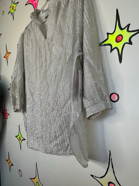 60s 70s Metallic Silver Top Retro Disco Space Age Party Blouse XL