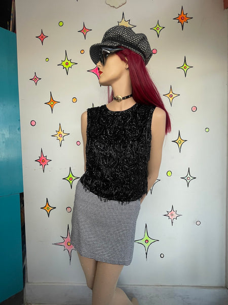 True Vintage 1950s Black Beaded Rayon Top Old Hollywood Glam Goth Luxury M