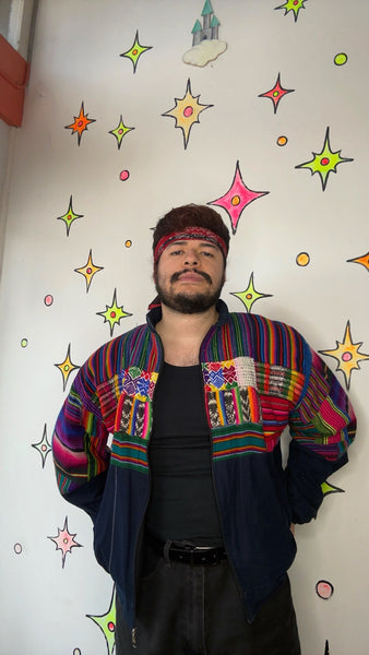 Vintage 80s 90s | Rainbow Patchwork Guatemalan Boho Grunge Bomber Jacket | XL