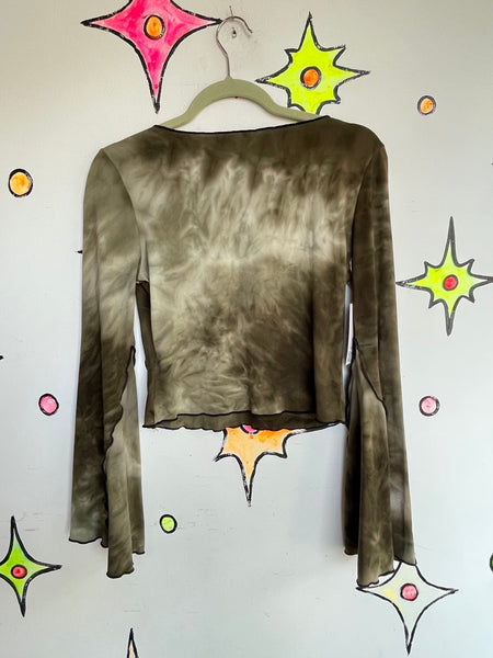 Boho Fairy Grunge Army Green Tie-Dye Bell-Sleeve Cropped Tee Top M