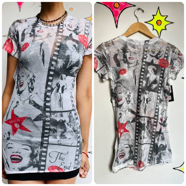 Y2K Marilyn Monroe Graphic T-Shirt or Mini Dress - Emo Fairy Grunge - Sheer - M