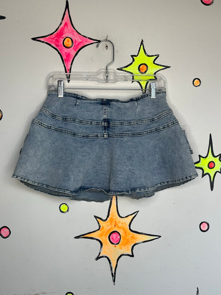 Y2K Stretch Denim Ruffle Mini Skirt Micro Skirt Baddie McBling Core S/M