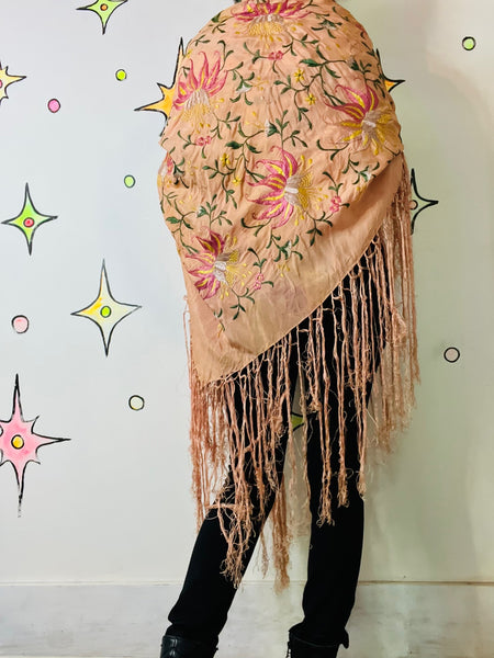Antique Silk Piano Shawl Boho Art Decor Floral Embroidered Fringe Wrap