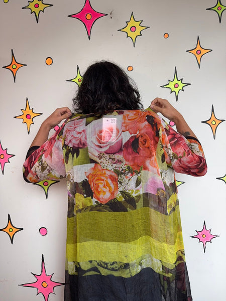Y2K Floral Collage Print Duster Sheer Boho Kimono Romantic Fairy Grunge - OS