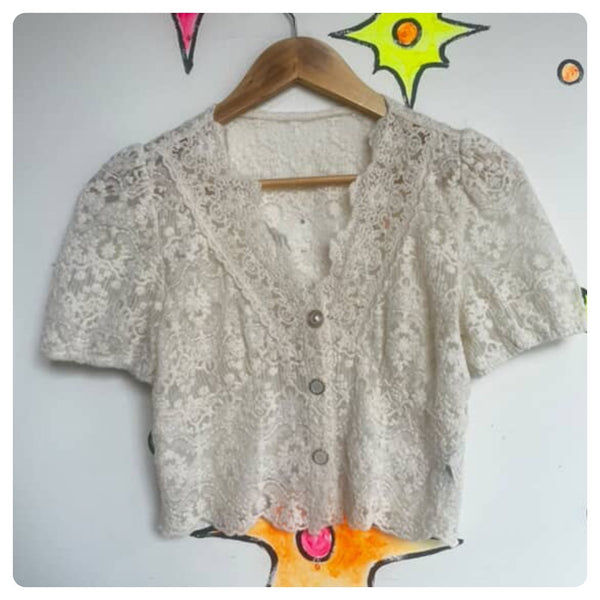 Vintage 90s | Off White Sheer Lace Rococo Babydoll Steampunk Crop Top Blouse | S