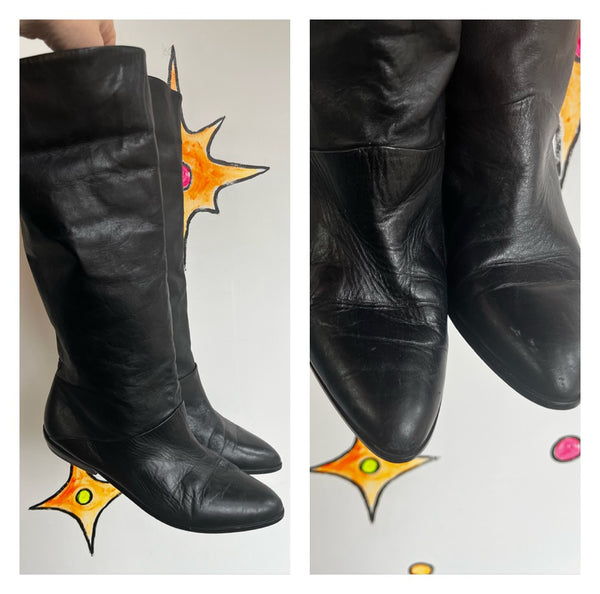 80s Black Slouch Boots Leather Riding Boots Dark Academia Romantic Goth 8