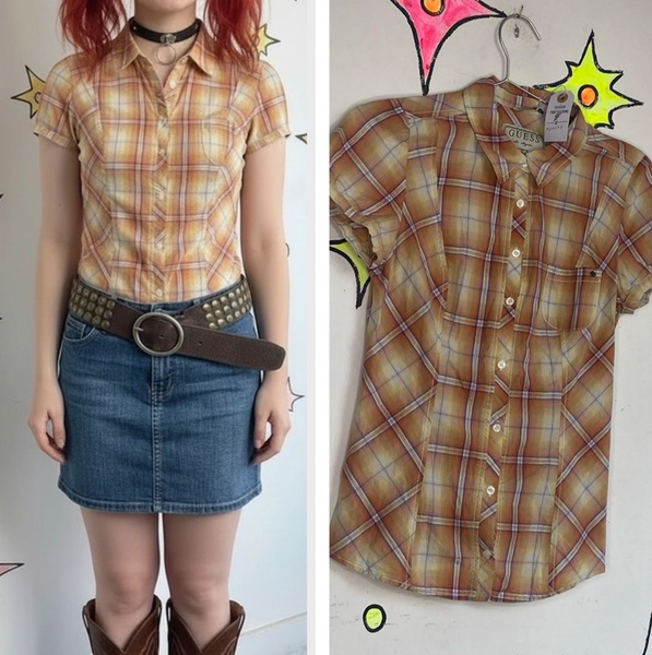 Guess Plaid Western Top Grunge Boho Preppy Core Button Down Cotton S