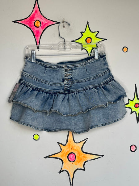 Y2K Stretch Denim Ruffle Mini Skirt Micro Skirt Baddie McBling Core S/M