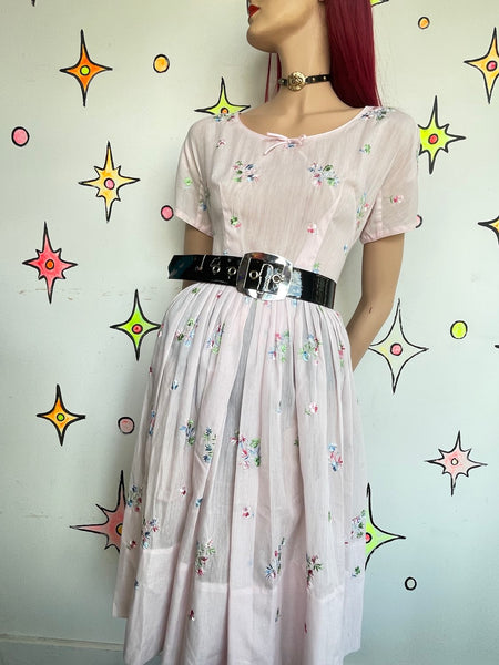 Vintage Pastel Pink Embroidered Babydoll Dress Fit & Flare Kawaii Coquette S