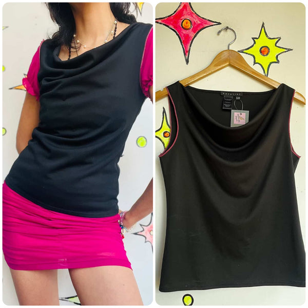 Vintage 90s Y2K Slinky Black Mall Goth Fairy Grunge Cowl Neck Top - Small