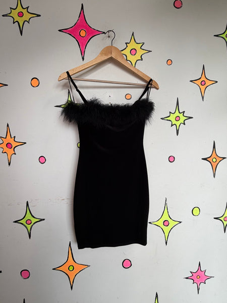 Black Velvet Feather Trim Mini Dress Whimsy Goth Glam Hollywood Femme XS
