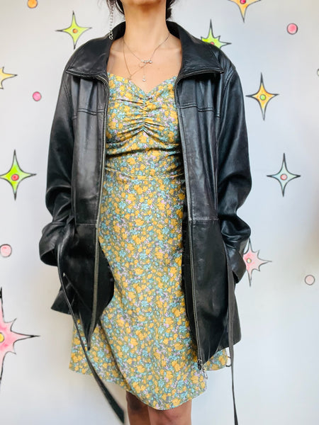 Vintage 90s Thrashed Black Leather Goth Boho Grunge Zip-Up Belted Trench Coat XL