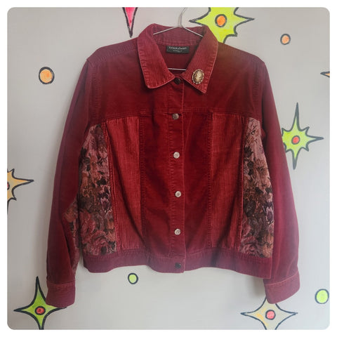 Vintage 90s Y2K | Red Corduroy Tapestry Floral Jacket | Grunge Fairy | Size XL